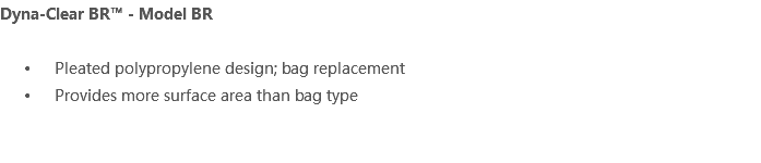 Dyna-Clear BR™ - Model BR Pleated polypropylene design; bag replacement Provides more surface area than bag type 